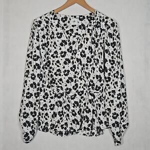Cabi Rosette Blouse #5898 Black White Leopard Print Wrap Peplum Top Medium